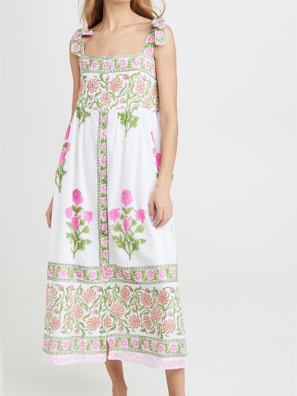 Juliet Dunn Poppy Pink Floral Block Print Cotton Midi Dress Size 1 Small